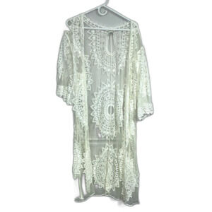 Rachel Zoe White Lace Mandala Boho Maxi Open Kimono Coverup One Size